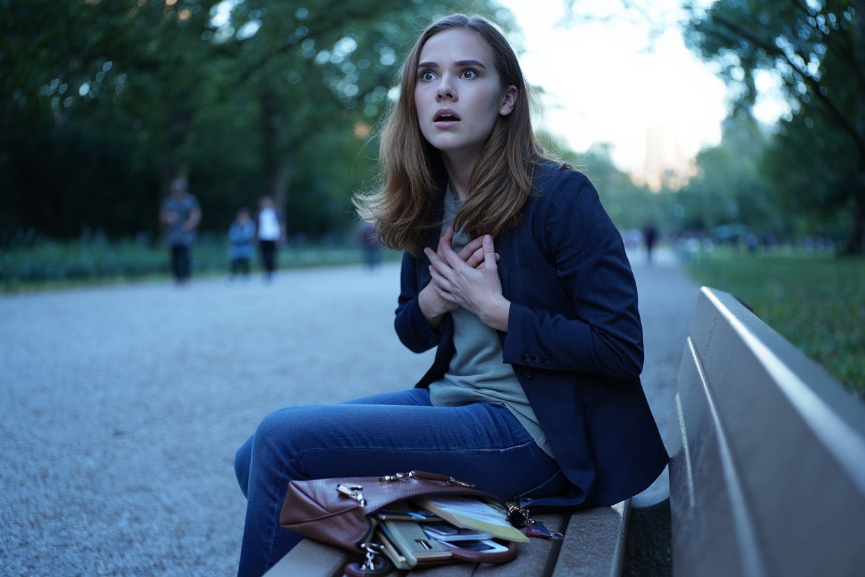 Девушка держится за грудь сидя на скамейке